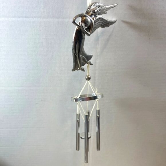 VTG Pewter PEACE Angel Figure Holding The World in Her Hands Hanging Wind Chimes - Picture 2 of 13